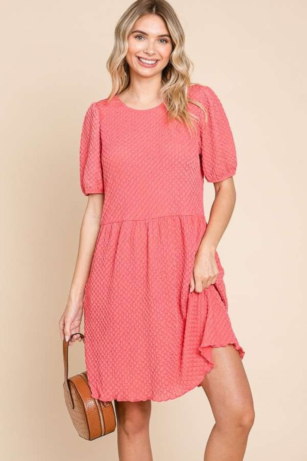 Culture Code Full Size Textured Round Neck Puff Sleeve Dress - Heeler & Dash