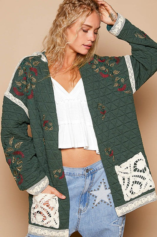 POL Embroidered Open Front Quilted Jacket with Crochet Pockets - Heeler & Dash