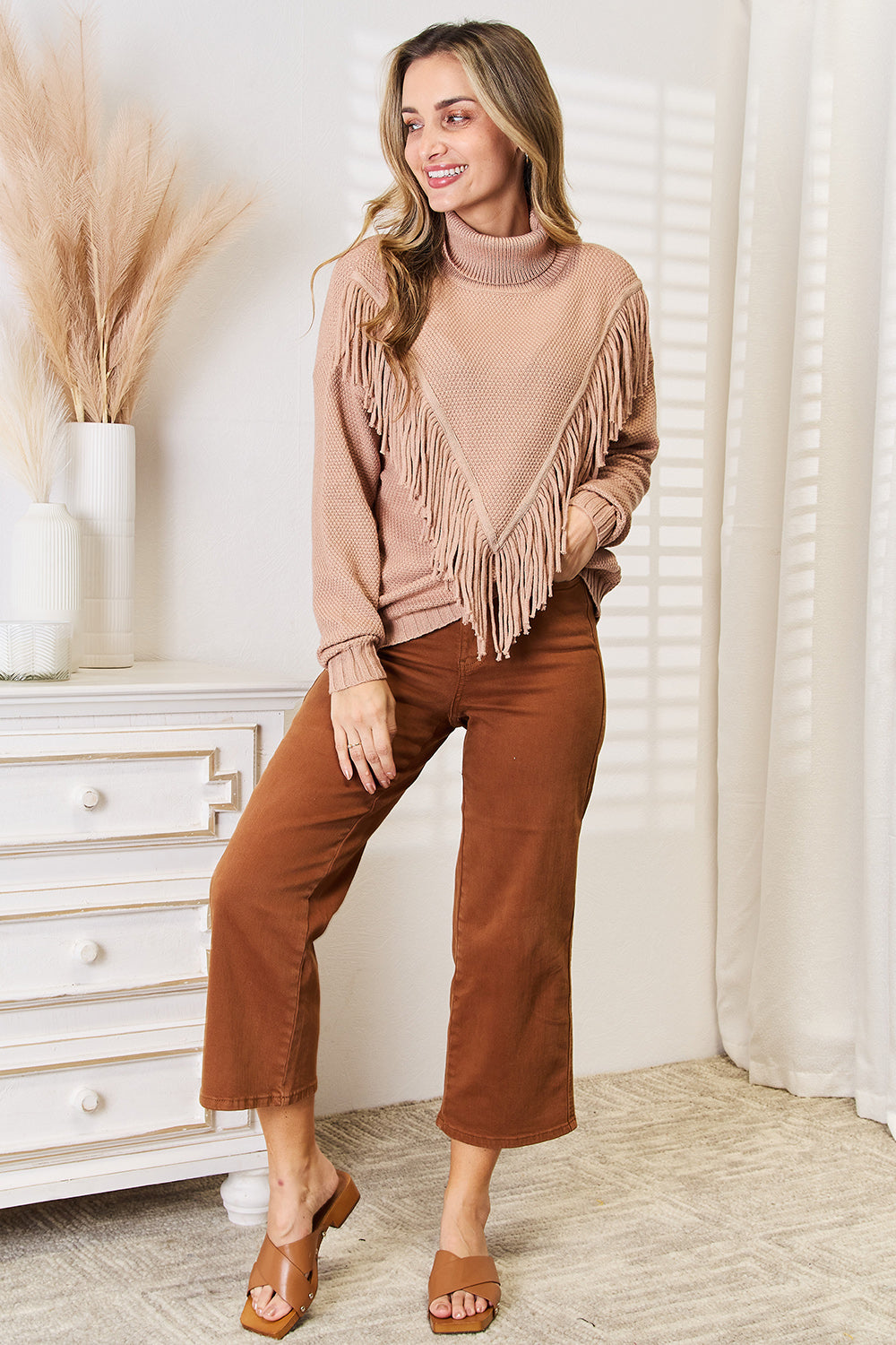 Woven Right Turtleneck Fringe Front Long Sleeve Sweater - Heeler & Dash