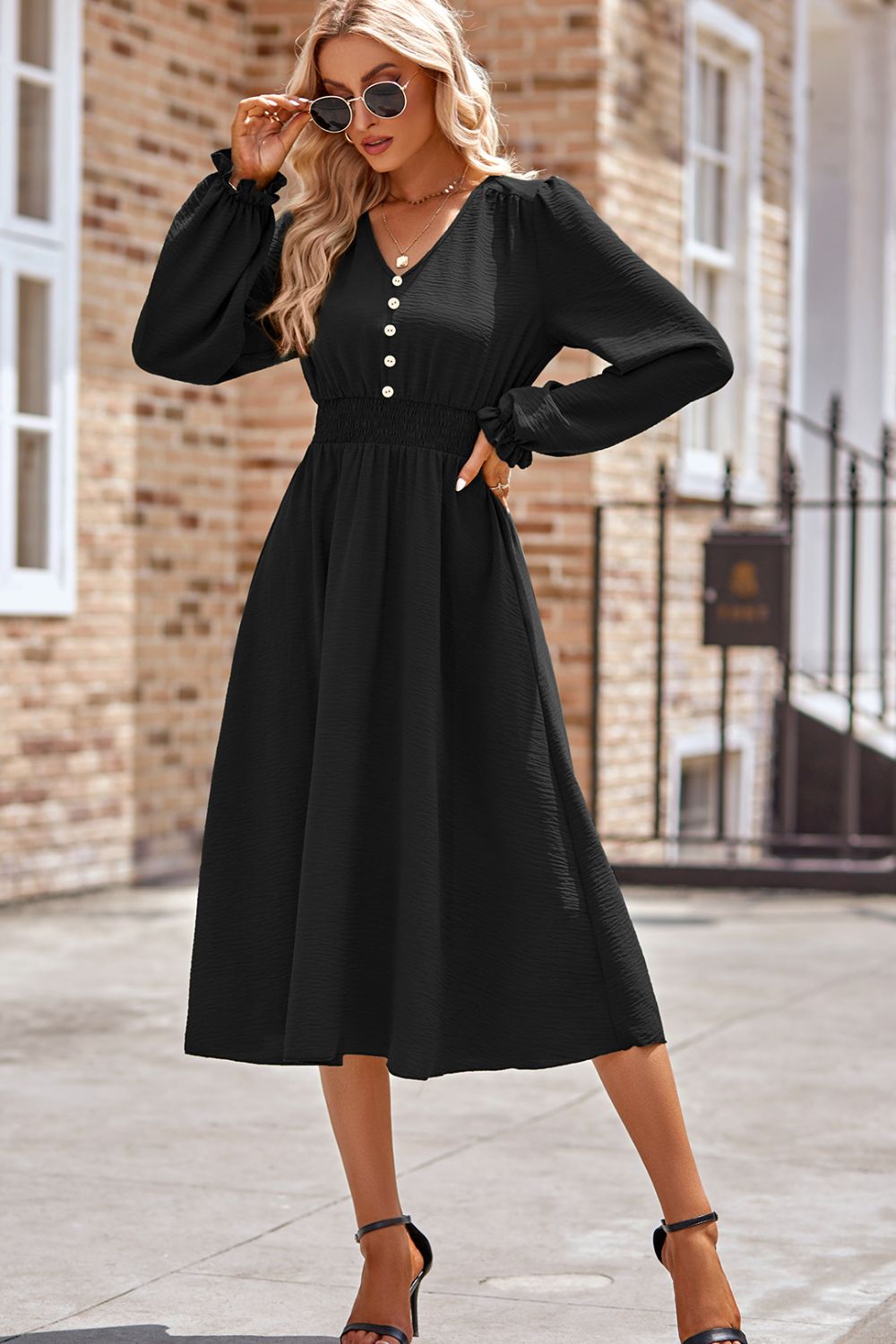 Smocked V-Neck Flounce Sleeve Midi Dress - Heeler & Dash