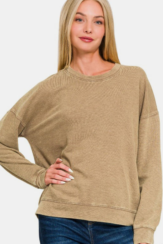 Zenana Washed Round Neck Dropped Shoulder Sweatshirt - Heeler & Dash