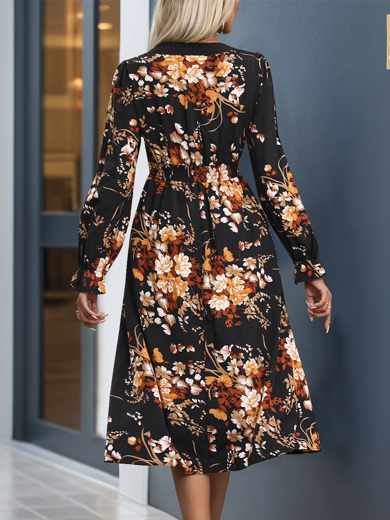 Perfee Printed Notched Long Sleeve Midi Dress - Heeler & Dash