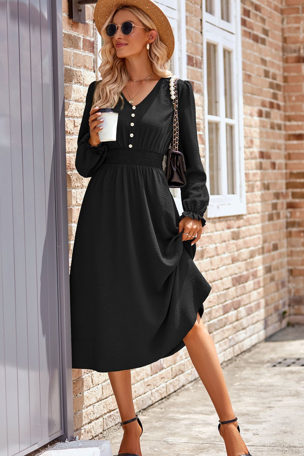 Smocked V-Neck Flounce Sleeve Midi Dress - Heeler & Dash