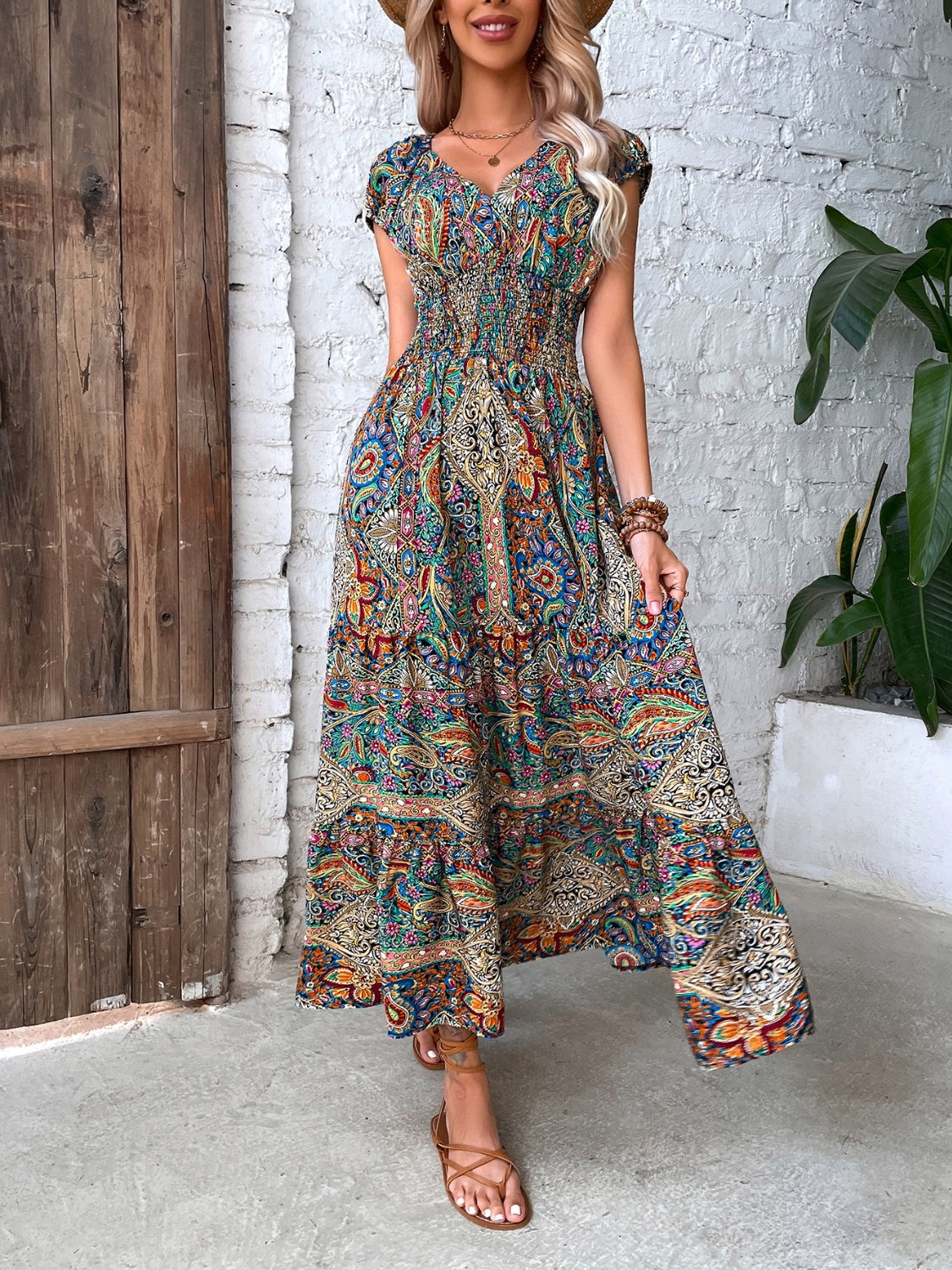 Honey Smocked Printed Cap Sleeve Midi Dress