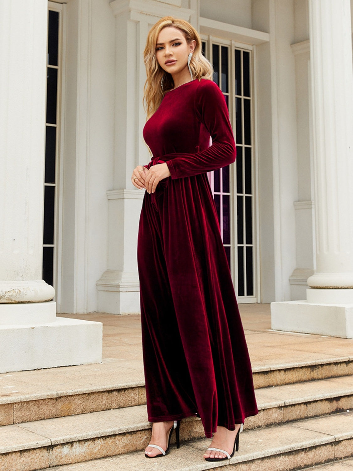 Tie Front Round Neck Long Sleeve Maxi Dress - Heeler & Dash