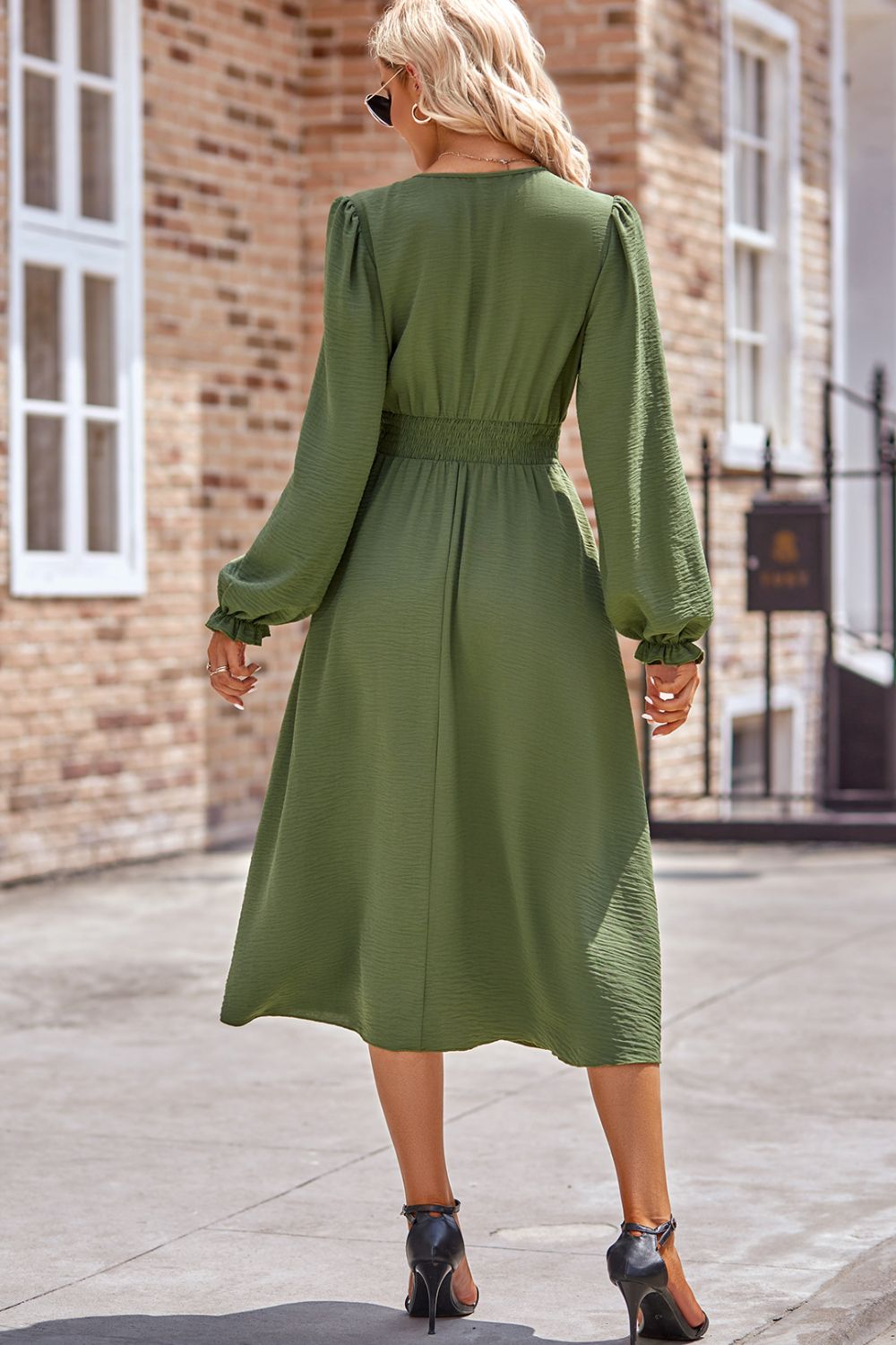 Smocked V-Neck Flounce Sleeve Midi Dress - Heeler & Dash