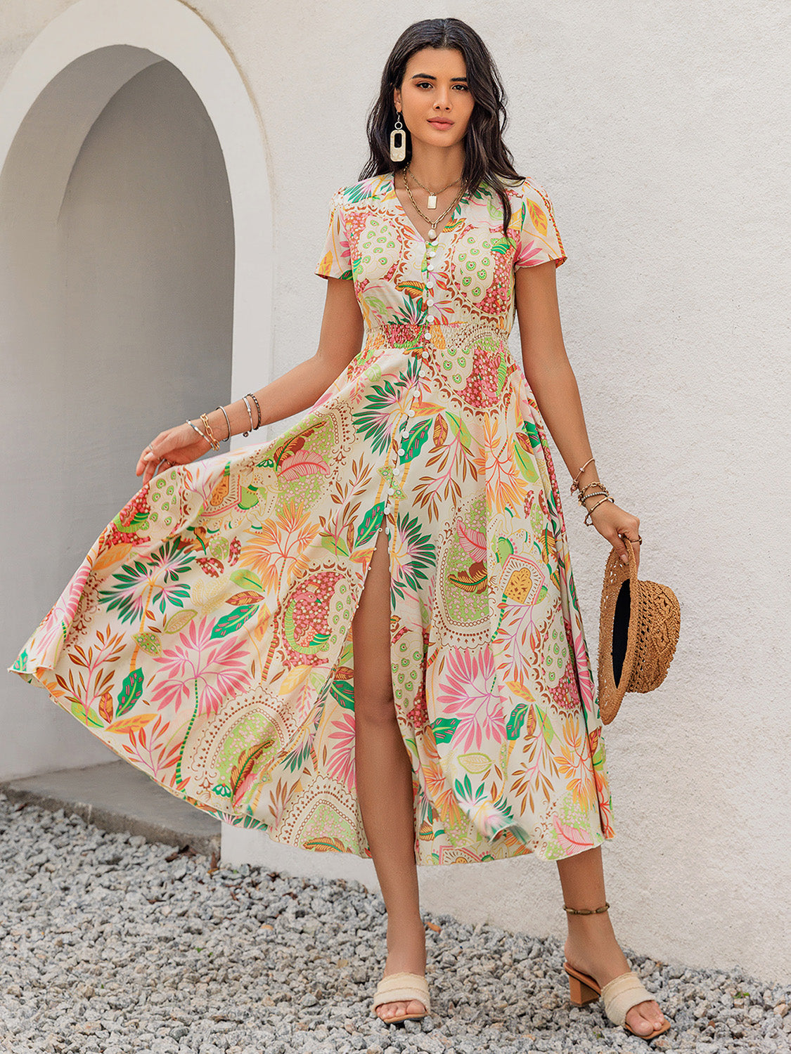 V-Neck Short Sleeve Midi Dress