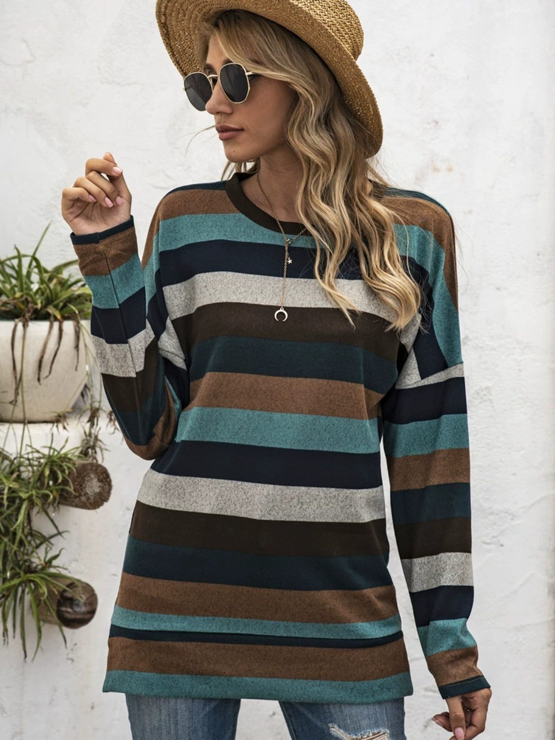 Full Size Striped Round Neck Long Sleeve T-Shirt Plus Size